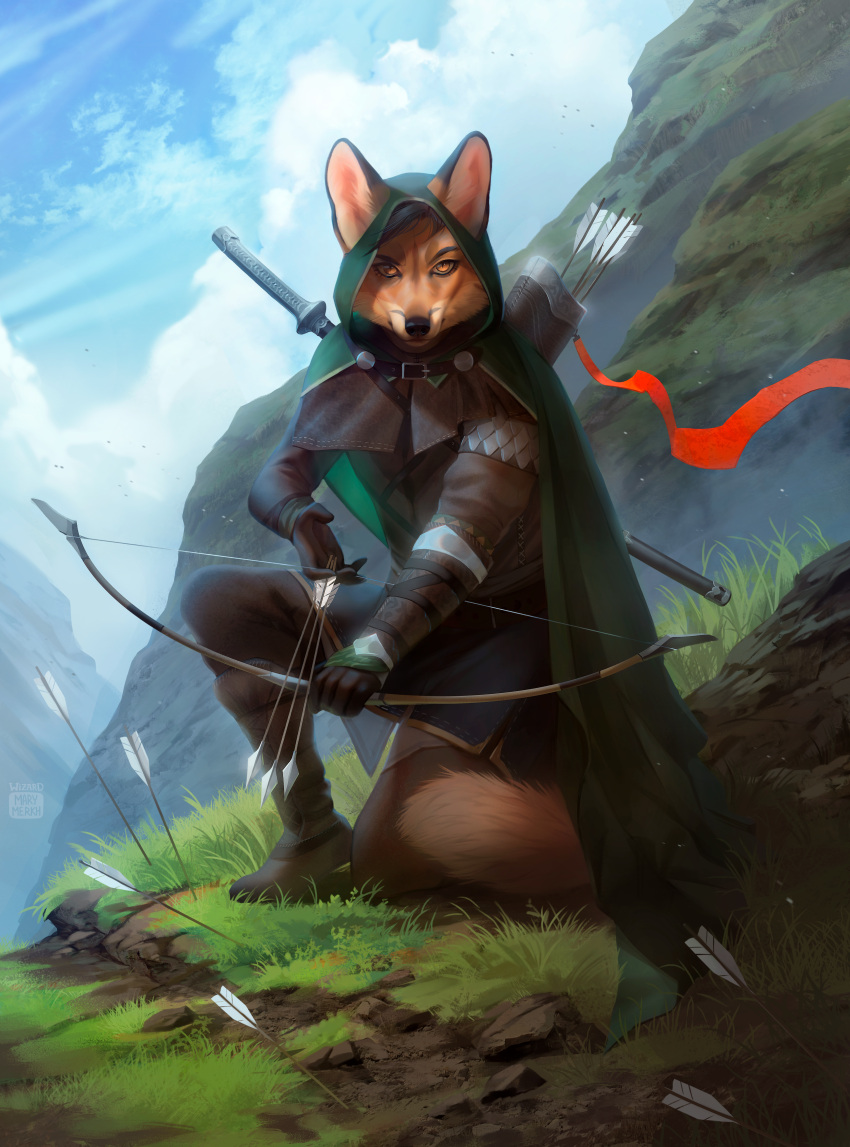 absurd_res anthro arrow_(weapon) artist_name black_hair black_nose blue_sky brown_clothing brown_topwear clothed clothing day fog front_view full-length_portrait fur grass green_cape hair hi_res holding_bow_(weapon) holding_object holding_weapon kneeling looking_at_viewer male marie_merkh mouth_closed orange_body orange_eyes orange_fur outside plant portrait quiver ranged_weapon sky solo topwear weapon