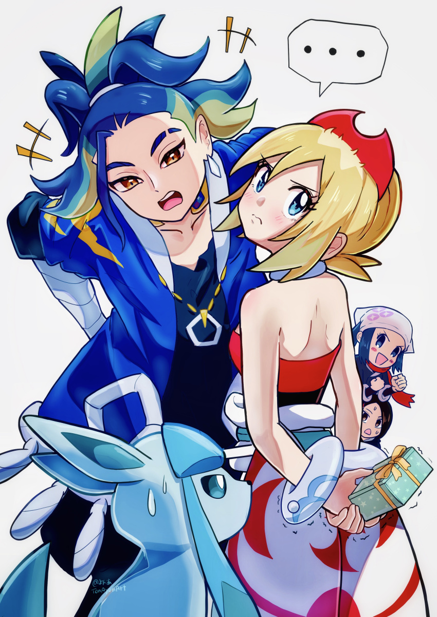 1boy 3girls absurdres adaman_(pokemon) akari_(pokemon) arm_wrap arms_behind_back blonde_hair blue_coat blue_eyes blue_hair bracelet brown_eyes brown_hair clenched_hands closed_mouth coat collar earrings eyebrow_cut gift glaceon green_hair hair_between_eyes hairband highres holding holding_gift irida_(pokemon) jewelry long_hair looking_away mai_(pokemon) multicolored_hair multiple_girls open_mouth pokemon pokemon_(game) pokemon_legends:_arceus ponytail scarf sheyona shirt short_hair shorts solo sweatdrop tsundere v-shaped_eyebrows waist_cape white_headwear