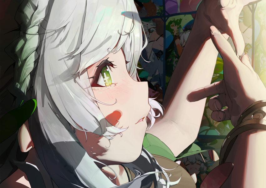 bangs bracelet braid close-up cross-shaped_pupils from_side genshin_impact gradient_hair green_eyes green_hair highres jewelry lumine_(genshin_impact) multicolored_hair nahida_(genshin_impact) parted_lips pointy_ears rawtuna side_braid sunlight symbol-shaped_pupils white_hair