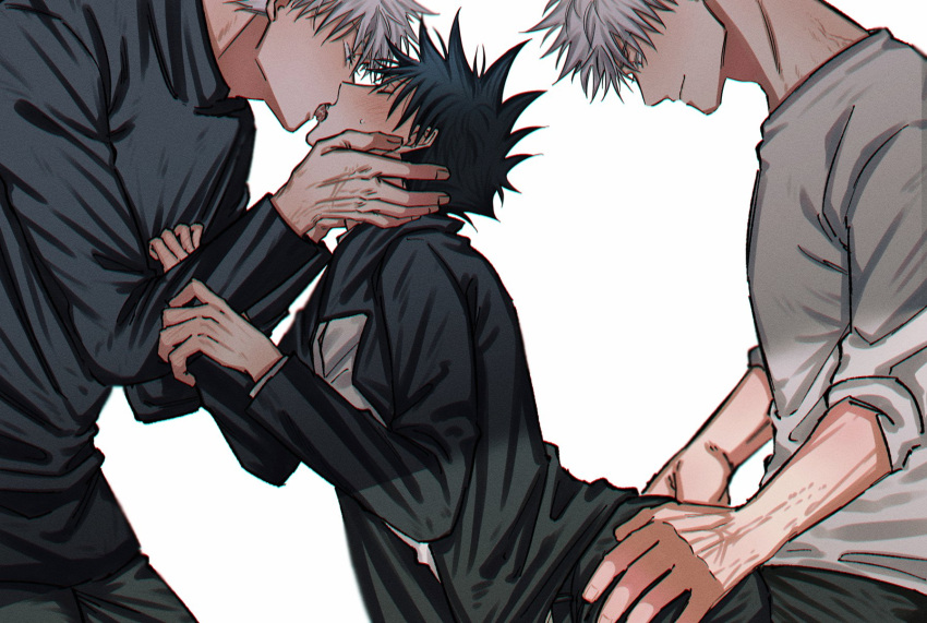 3boys ass ass_grab black_hair black_jacket black_pants blue_eyes blush closed_eyes commentary_request dual_persona food french_fries fushiguro_megumi fushirun_rung gojou_satoru group_sex hands_on_another's_face highres jacket jujutsu_kaisen kiss male_focus mmm_threesome multiple_boys pants shirt smile spiked_hair sweatdrop threesome white_hair yaoi