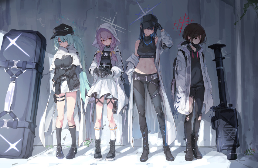 4girls absurdres armband atsuko_(blue_archive) backpack bag baseball_cap belt_boots black_footwear black_gloves black_hair black_headwear black_hoodie black_mask black_socks blue_archive blue_eyes blush boots braid brown_hair cabbie_hat closed_mouth crop_top dress fim-92_stinger full_body gas_mask gloves green_eyes hair_over_one_eye hair_ribbon halo hands_in_pockets hat highres hiyori_(blue_archive) holding holding_mask holster hood hood_down hooded_jacket hoodie jacket kneehighs light_green_hair long_hair long_sleeves looking_at_viewer mask mask_pull mask_removed midriff misaki_(blue_archive) mouth_mask multiple_girls pants plate_carrier purple_hair red_eyes ribbon rocket_launcher saori_(blue_archive) scarf short_hair side_ponytail socks standing surgical_mask thigh_holster torn_clothes torn_pants toshizou_(0714) turtleneck twin_braids weapon weapon_case white_dress white_jacket white_scarf white_socks yellow_ribbon