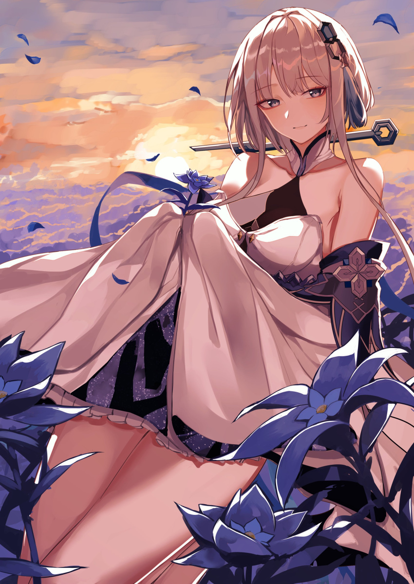 1girl absurdres bare_shoulders blue_eyes breasts brown_hair colored_eyelashes dawn detached_sleeves dress flower genshin_impact glaze_lily guizhong_(genshin_impact) hair_ornament hair_stick highres holding holding_flower light_smile looking_at_viewer sas_(ls08b) short_hair_with_long_locks sky sleeves_past_wrists small_breasts tassel tassel_hair_ornament thighs white_dress