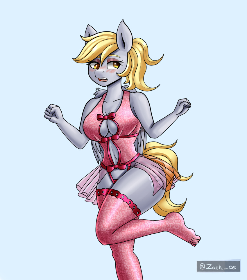 5_fingers anthro anthrofied blonde_hair blush blush_lines breasts cleavage clothed clothing derp_eyes derpy_hooves_(mlp) digital_media_(artwork) equid equine eyeshadow feathered_wings feathers female fingers friendship_is_magic grey_body grey_feathers hair hasbro hi_res leggings legwear lingerie makeup mammal my_little_pony navel open_mouth pegasus pink_clothing pink_lingerie ribbons simple_background solo tail wings yellow_eyes yellow_tail zachc