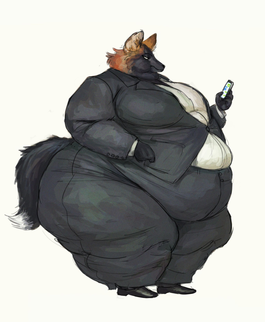 2020 anthro belly big_belly black_body black_face black_fur bottomwear business_suit canid canine cellphone cettus clothed clothing dress_shirt female footwear fox fur hi_res holding_object holding_phone jacket looking_at_object looking_at_phone mammal morbidly_obese morbidly_obese_anthro morbidly_obese_female obese obese_anthro obese_female orange_body orange_fur overweight overweight_anthro overweight_female pants phone shirt shoes simple_background smartphone solo standing suit thick_thighs topwear white_background