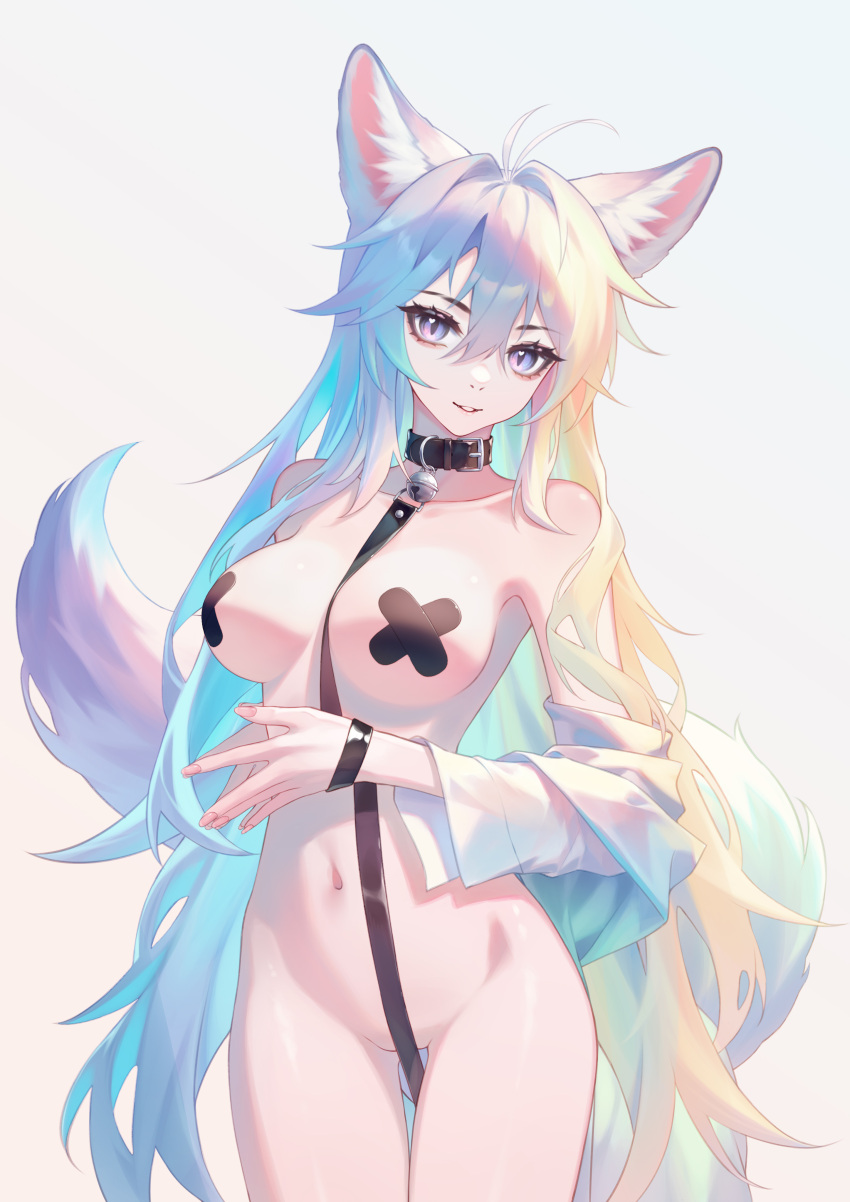 absurdres animal_ears blonde_hair blue_hair breasts fox_ears gradient_background green_hair grey_background highres kirby_d_a long_hair looking_at_viewer medium_breasts multicolored_hair original pasties smile thighs very_long_hair white_hair