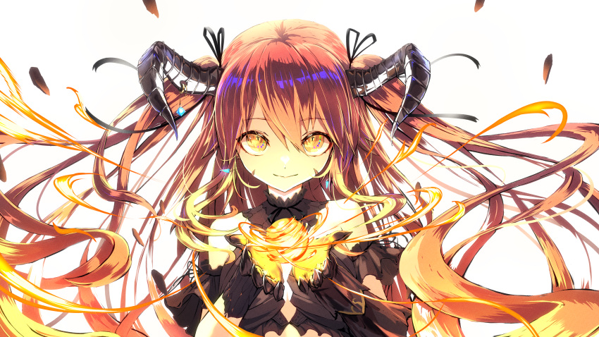 +_+ 1girl absurdres bangs bare_shoulders black_gloves breasts cross-shaped_pupils detached_collar detached_sleeves facial_mark fireball gloves hair_ribbon highres horns long_hair looking_at_viewer namako_(namacotan) original red_eyes red_hair ribbon small_breasts solo symbol-shaped_pupils twintails