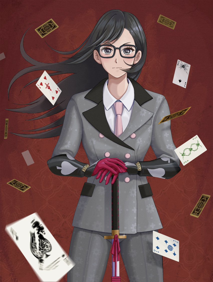 absurdres black-framed_eyewear black_hair card formal gear_print glasses gloves grey_eyes grey_pants grey_suit high_card highres katana long_sleeves looking_at_viewer nano_blue necktie pants pink_necktie playing_card red_background red_gloves satou_wendy spade_(shape) standing suit sword weapon