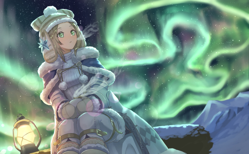 1girl atelier_(series) atelier_firis atyao-299 aurora blush breath capelet cup firis_mistlud fur-trimmed_capelet fur-trimmed_headwear fur-trimmed_mittens fur_trim green_eyes highres holding holding_cup kerosene_lamp light_brown_hair long_sleeves looking_to_the_side night official_alternate_costume open_mouth outdoors sitting sky solo winter winter_clothes