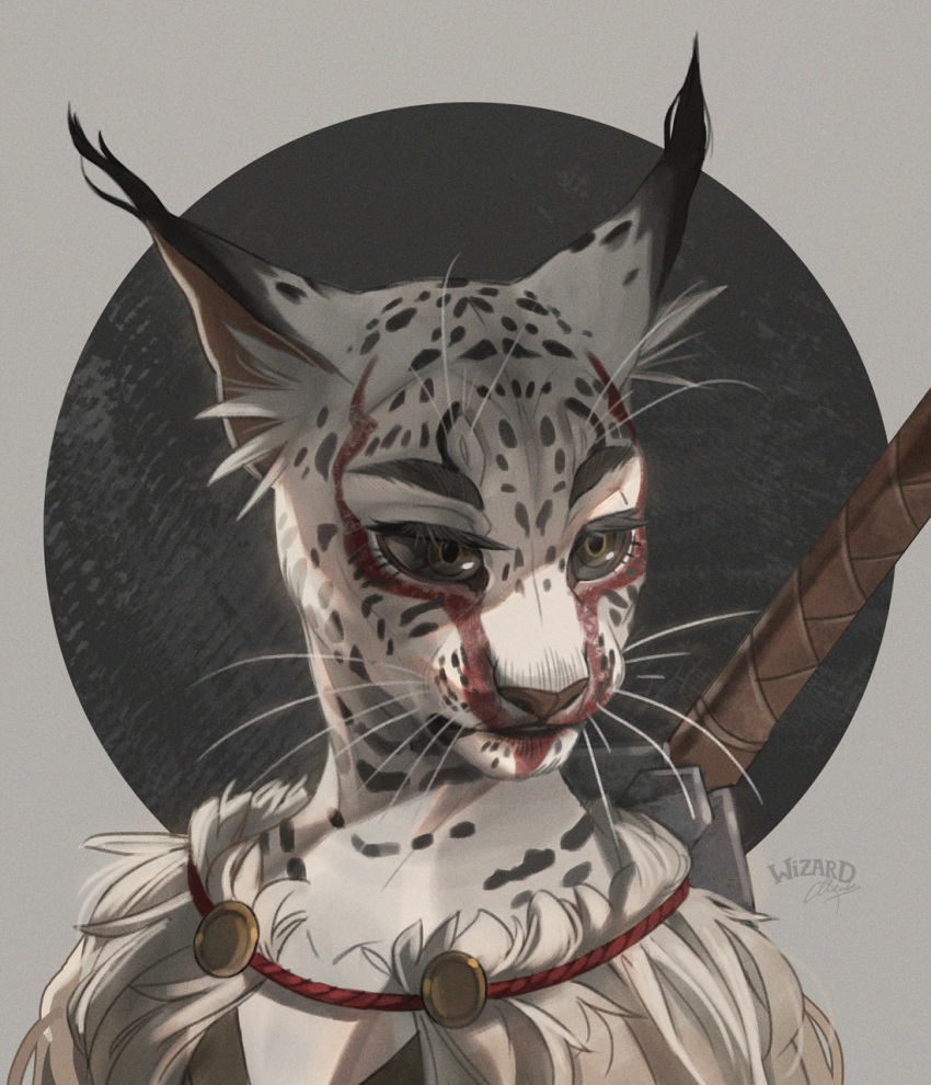 anthro black_eyebrows black_sclera black_spots brown_nose bust_portrait clothed clothing ear_tuft eyebrows eyelashes facial_spots felid female fur glistening glistening_eyes hi_res mammal marie_merkh portrait signature simple_background solo spots spotted_face spotted_neck sword_on_back tuft whiskers white_body white_fur