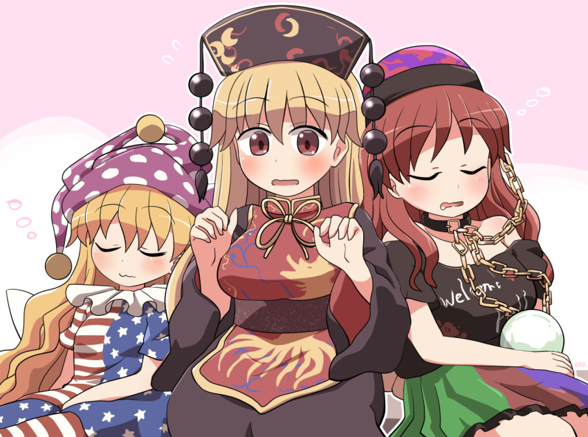 3girls american_flag_dress american_flag_legwear bangs black_dress black_headwear black_shirt blonde_hair blush chain chinese_clothes closed_eyes closed_mouth clothes_writing clownpiece dress fairy fairy_wings hair_between_eyes hat hecatia_lapislazuli jester_cap junko_(touhou) long_hair long_sleeves moon_(ornament) multicolored_clothes multicolored_skirt multiple_girls off-shoulder_shirt off_shoulder open_mouth pantyhose phoenix_crown pink_headwear polka_dot polka_dot_headwear polos_crown red_eyes red_hair rokugou_daisuke shirt short_hair short_sleeves skirt star_(symbol) star_print striped striped_dress striped_pantyhose t-shirt tabard touhou wide_sleeves wings