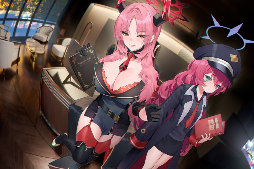 2girls armband between_breasts black_gloves black_headwear blue_archive book boots bra bra_peek breasts cirilla_lin coin collared_shirt demon_horns detached_collar gloves grey_eyes grey_jacket halo hat holding holding_book holding_pendulum holed_coin horns iroha_(blue_archive) jacket knee_boots lace-trimmed_bra lace_trim long_hair military military_hat military_jacket military_uniform mole mole_on_breast multiple_girls necktie necktie_between_breasts peaked_cap pencil_skirt pendulum pink_hair red_armband red_bra red_garter_straps red_hair red_halo red_horns red_necktie red_thighhighs red_wrist_cuffs satsuki_(blue_archive) shirt skirt sleeves_past_fingers sleeves_past_wrists standing thighhighs underwear uniform wavy_hair yellow_eyes