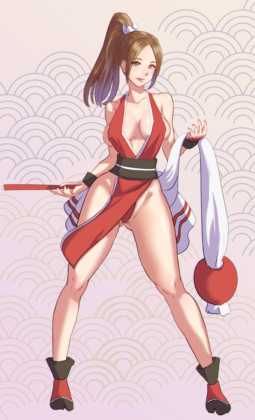 1girl absurdres bangs bare_shoulders breasts brown_eyes brown_hair cleavage closed_mouth commentary_request fatal_fury folding_fan full_body hand_fan high_ponytail highres japanese_clothes large_breasts long_hair looking_at_viewer moncler ninja pelvic_curtain ponytail revealing_clothes rope shiranui_mai solo the_king_of_fighters thighs