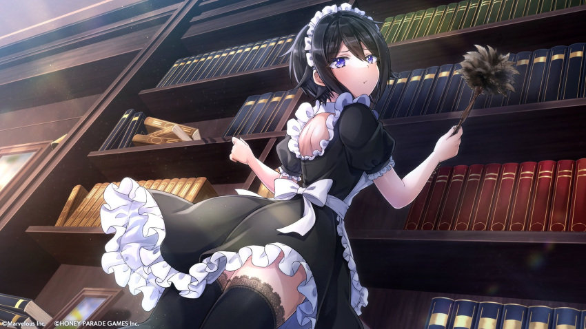 1girl apron bare_arms black_hair book bookshelf dolphin_wave dress duster frilled_dress frills from_behind highres looking_back maid maid_apron maid_headdress official_art ootomo_takuji pout purple_eyes short_hair suminoe_shion thighhighs