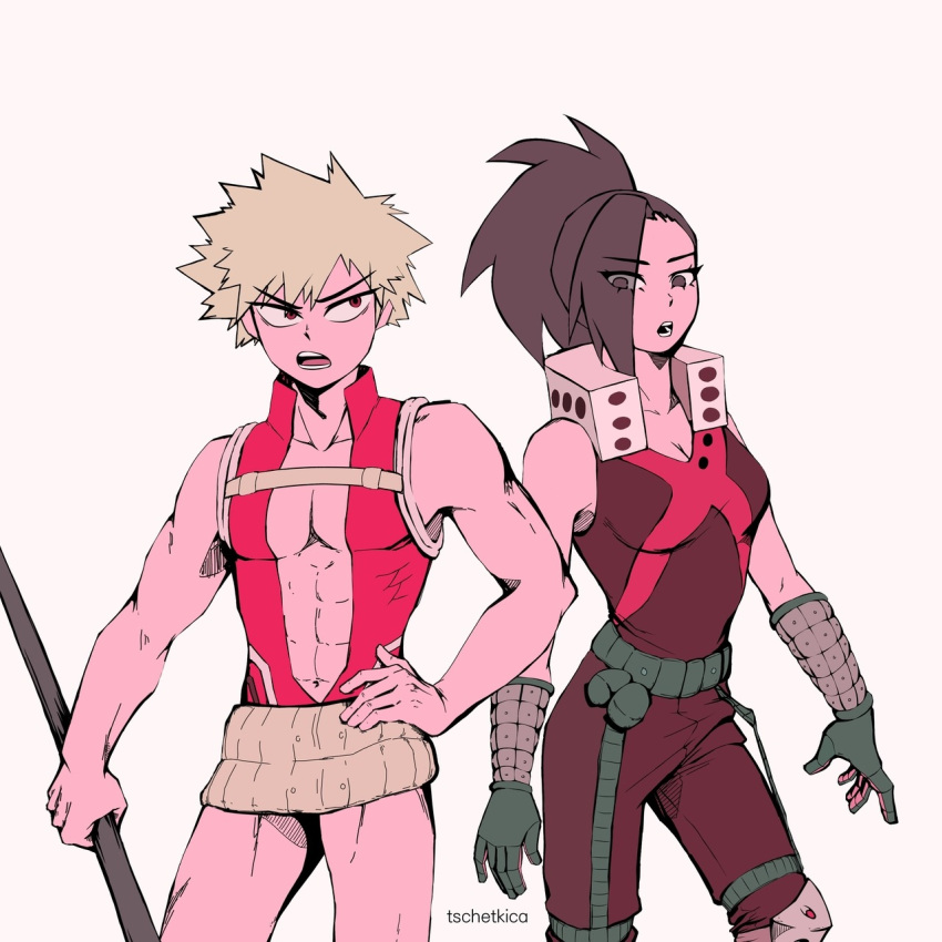 bad_link bakugou_katsuki bakugou_katsuki_(cosplay) belt black_hair blonde_hair cosplay costume costume_switch highres holding holding_staff leotard long_hair navel ponytail red_eyes red_leotard staff superhero tumblr_username yaoyorozu_momo yaoyorozu_momo_(cosplay)