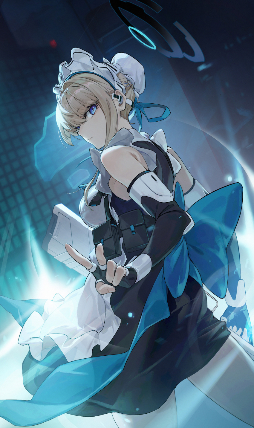 1girl absurdres black_gloves blonde_hair blue_archive blue_eyes blue_ribbon closed_mouth fingerless_gloves gloves gun hair_ribbon halo highres holding holding_gun holding_weapon looking_at_viewer maid maid_headdress pantyhose r1zen ribbon short_hair solo toki_(blue_archive) v weapon white_pantyhose