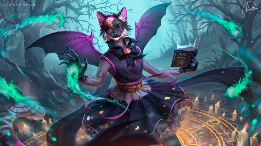 16:9 anthro artist_name black_body black_bottomwear black_clothing black_fur black_hair black_skirt black_wings blonde_hair book bottomwear bust_portrait candle clothed clothing felid female front_view fur glistening glistening_eyes hair hi_res holding_book holding_object looking_at_viewer magic_user mammal marie_merkh membrane_(anatomy) membranous_wings orange_eyes outside pink_hair plant portrait purple_nose skirt solo standing tree white_body white_fur white_hair widescreen wings