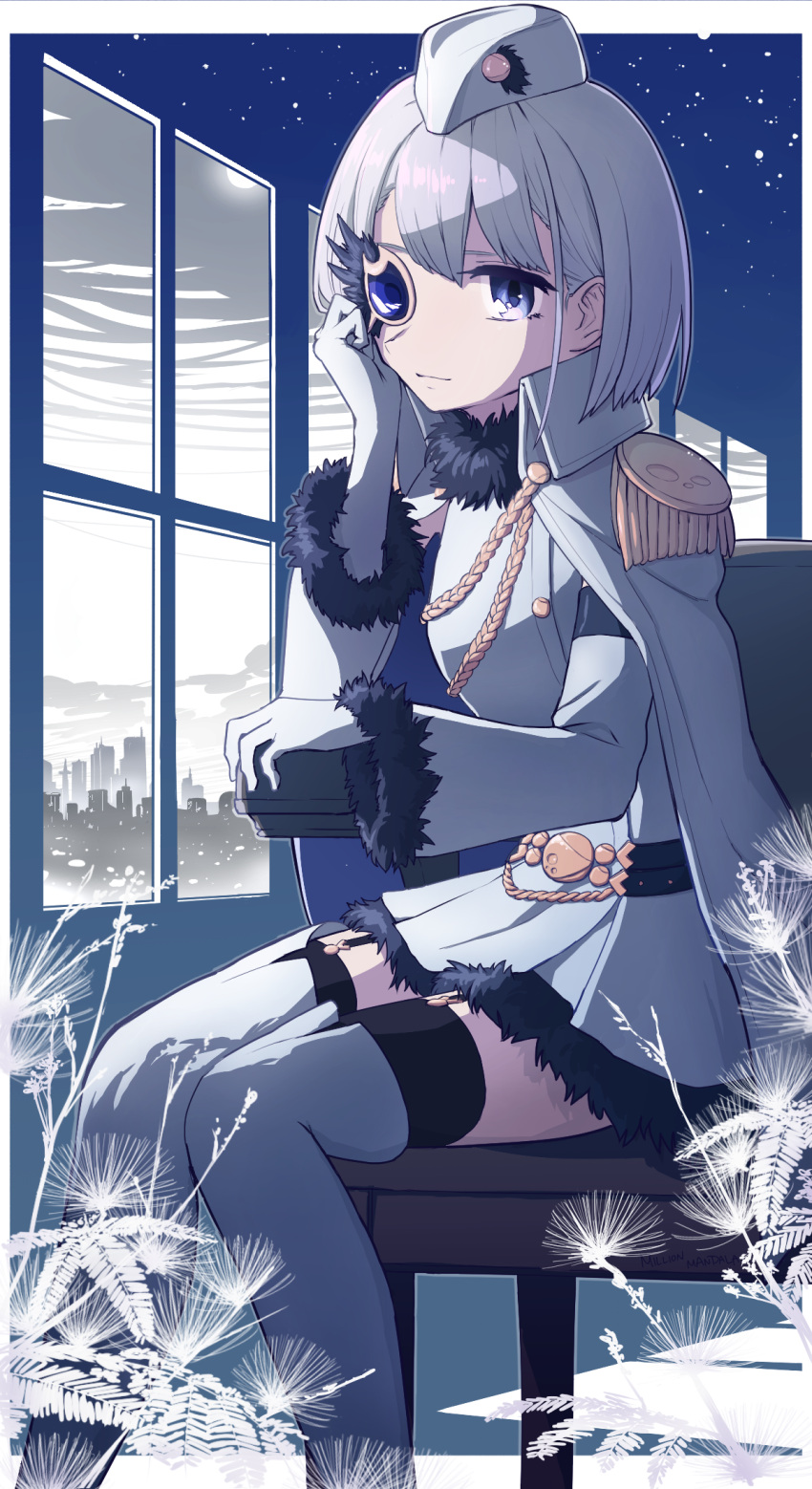 1girl arm_rest asymmetrical_bangs asymmetrical_footwear bangs belt black_scarf black_thighhighs blue_background boots border buttons cape chain chair closed_mouth detached_sleeves dress epaulettes feet_out_of_frame flower fur-trimmed_dress fur-trimmed_sleeves fur_scarf fur_trim garrison_cap garter_straps grey_eyes hand_rest hand_up hat head_rest highres indoors izumi_kanagi long_sleeves looking_at_viewer magia_record:_mahou_shoujo_madoka_magica_gaiden magical_girl mahou_shoujo_madoka_magica million_mandala monocle on_chair one_eye_covered opaque_monocle outside_border scarf short_dress short_hair sitting solo thigh_boots thighhighs thighhighs_under_boots uneven_footwear white_border white_cape white_dress white_footwear white_hair white_headwear window
