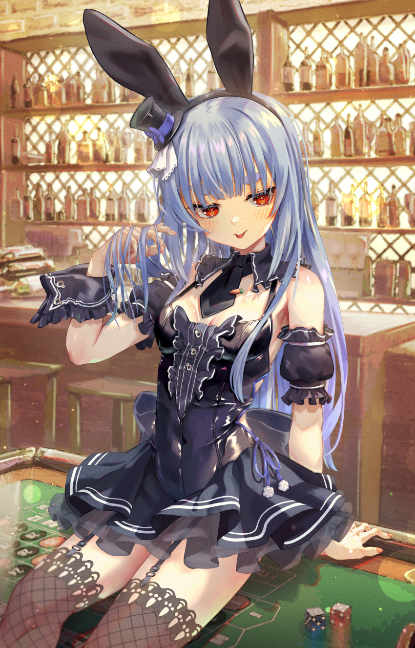 1girl :p absurdres animal_ears annmitsu114 bar_(place) bar_stool black_leotard black_necktie black_skirt blue_hair blush breasts commentary_request covered_navel detached_sleeves dice fishnet_thighhighs fishnets garter_straps glass_bottle hand_in_own_hair hat highres hololive leotard long_hair mini_hat necktie on_table playboy_bunny pleated_skirt puffy_detached_sleeves puffy_short_sleeves puffy_sleeves rabbit-shaped_pupils rabbit_ears rabbit_girl red_eyes roulette_table short_eyebrows short_necktie short_sleeves sitting skirt small_breasts smile solo stool symbol-shaped_pupils table thick_eyebrows thighhighs tongue tongue_out top_hat usada_pekora virtual_youtuber