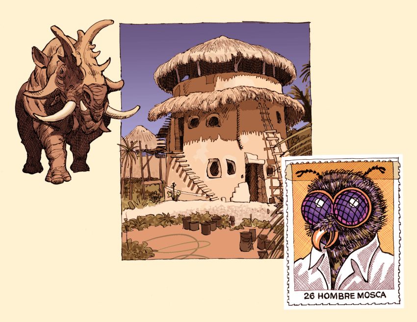 africa alanbunce animal bug building doodles english_commentary english_text fly highres house ladder no_humans original palm_tree postage_stamp prehistoric_animal simple_background tree tusks