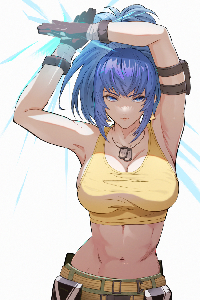 1girl armlet armpits arms_up bangs bare_shoulders belt black_gloves blue_eyes blue_sky breasts cleavage closed_mouth commentary_request crop_top dog_tags gloves highres large_breasts leona_heidern midriff navel pocket shan_laotou simple_background sky sleeveless solo stomach tank_top the_king_of_fighters the_king_of_fighters_xv upper_body white_background yellow_belt yellow_tank_top