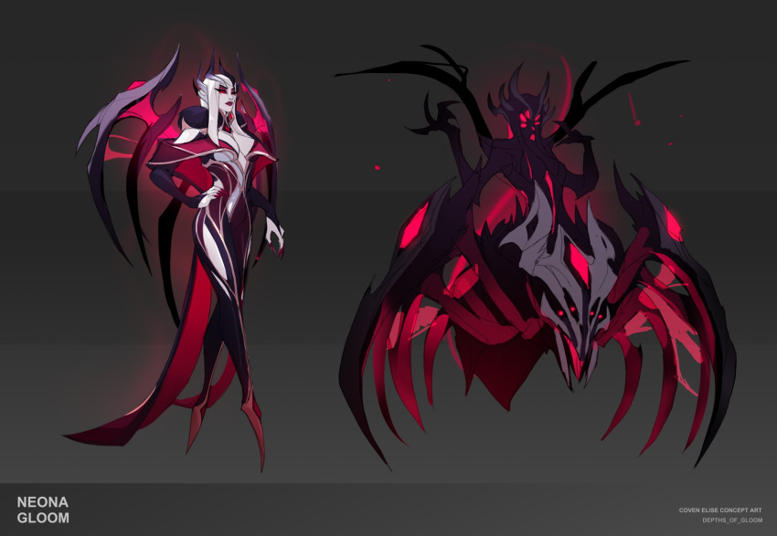 1girl alternate_costume arthropod_girl artist_name bare_shoulders black_dress breasts bug cleavage closed_mouth coven_(league_of_legends) dress elise_(league_of_legends) extra_eyes full_body glowing glowing_eyes grey_background hand_on_hip highres large_breasts league_of_legends long_hair multiple_legs multiple_views nail_polish neona_gloom red_lips red_nails spider spider_girl standing white_hair