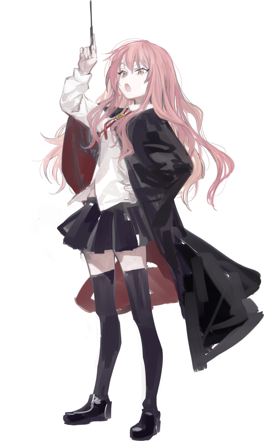 1girl absurdres bangs black_footwear black_jacket black_skirt black_thighhighs brown_eyes collared_shirt full_body hand_on_hip highres holding holding_wand ikuhana_niiro jacket long_hair louise_francoise_le_blanc_de_la_valliere neck_ribbon open_mouth pink_hair red_ribbon ribbon shirt shoes skirt solo thighhighs wand white_background white_shirt zero_no_tsukaima