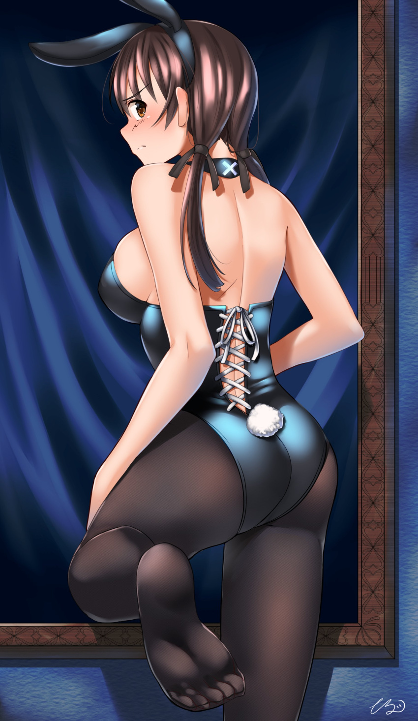 1girl absurdres animal_ears ass black_leotard black_pantyhose blush breasts brown_eyes brown_hair fake_animal_ears fake_tail feet from_behind gertrud_barkhorn highres hiroshi_(hunter-of-kct) large_breasts leotard looking_at_viewer looking_back pantyhose playboy_bunny rabbit_ears rabbit_tail shoulder_blades sideboob soles solo strike_witches tail twintails world_witches_series