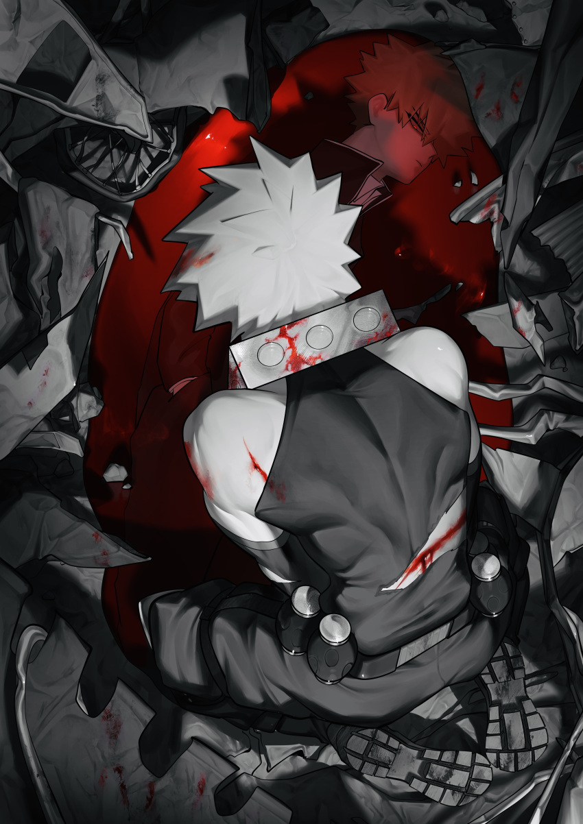 1boy absurdres aged_down baggy_pants bakugou_katsuki bangs bare_shoulders belt between_legs black_pants bleeding blonde_hair blood blood_in_hair blood_on_back blood_on_clothes blood_on_ground blood_stain boku_no_hero_academia broken closed_mouth collared_shirt cuts detached_sleeves different_reflection explosive eyes_visible_through_hair from_above from_behind full_body gakuran glowing glowing_eyes grenade hand_between_legs hand_in_pocket head_down high_collar highres injury knee_pads konishi_(zatuizatui598) leaning_forward light light_frown long_sleeves looking_at_another male_focus pants partially_colored profile puddle_of_blood red_eyes reflection rubble school_uniform seiza shadow shirt shoe_soles short_hair sideways_mouth sitting skin_tight sleeveless solo spiked_hair tire toned toned_male torn_sleeve torn_tank_top wheel white_shirt wreckage