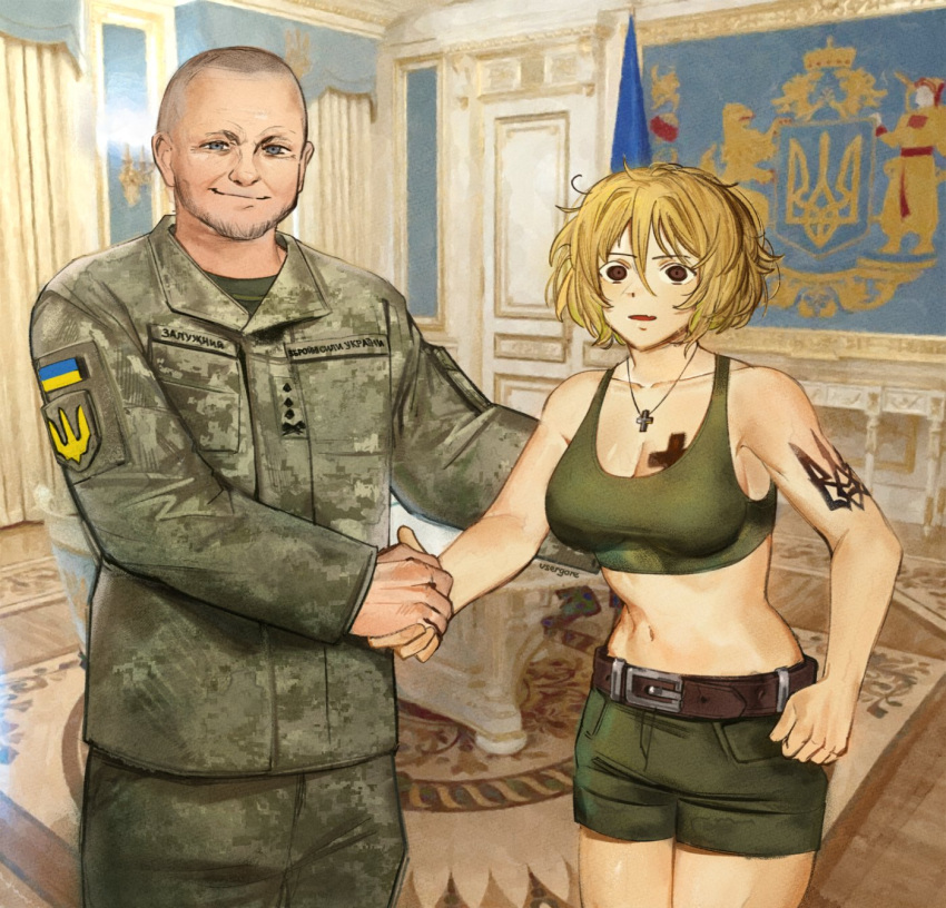 1girl arm_tattoo azov_battalion blonde_hair blush breasts brown_eyes chest_tattoo coat_of_arms cross fang green_shorts green_sports_bra green_tank_top handshake highres jewelry large_breasts latin_cross long_sleeves looking_at_viewer marichka medium_hair meme navel necklace original politics real_life russo-ukrainian_war shorts skin_fang sports_bra tank_top tattoo the_office tryzub ukrainian_flag ukrainian_text usergore young_michael_scott_shaking_ed_truck's_hand_(meme)