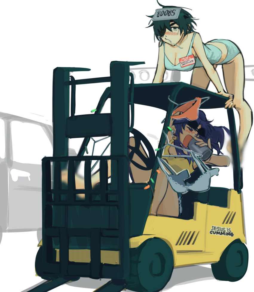 2girls beer_can black_hair blush breasts can chainsaw_man cleavage closed_eyes clothes_hanger drooling drunk eyepatch eyewear_on_head forklift grey_panties grey_tank_top highres himeno_(chainsaw_man) holding holding_can katsuragi_misato large_breasts leaning_forward liowig looking_to_the_side medium_hair mouth_drool multiple_girls neon_genesis_evangelion open_mouth panties purple_hair short_hair smile sunglasses tank_top underwear yellow_tank_top