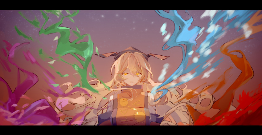 1girl aura bangs black_headwear blonde_hair constellation_print floating_hair hair_between_eyes hat highres letterboxed long_hair matara_okina open_mouth orange_sleeves solo tabard touhou upper_body yellow_eyes yorukiko