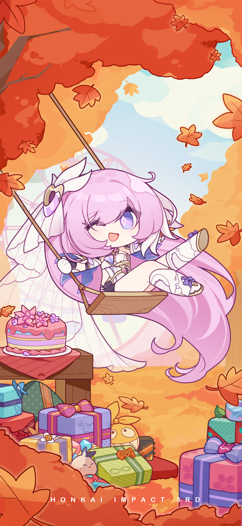 1girl absurdres ahoge bangs bird box cake chibi elysia_(herrscher_of_human:ego)_(honkai_impact) elysia_(honkai_impact) english_text eyebrows_hidden_by_hair food gift gift_box highres homu_(honkai_impact) honkai_(series) honkai_impact_3rd legs long_hair looking_at_viewer official_art official_wallpaper one_eye_closed open_mouth pink_hair ribbon smile solo swing swinging table very_long_hair white_headwear