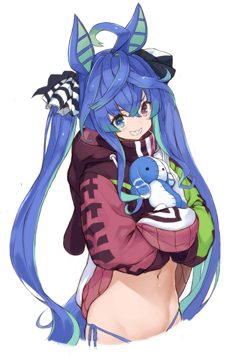 1girl @_@ absurdres ahoge animal_ears bangs blue_eyes blue_panties clothes_lift crossed_bangs grin groin heterochromia highres hood hood_down hoodie hoodie_lift horse_ears horse_girl horse_tail lifted_by_self long_hair long_sleeves looking_at_viewer navel no_pants open_mouth panties purple_eyes ryo_(tg290) sharp_teeth side-tie_panties smile solo string_panties stuffed_animal stuffed_rabbit stuffed_toy tail teeth twin_turbo_(umamusume) twintails umamusume underwear upper_body white_background