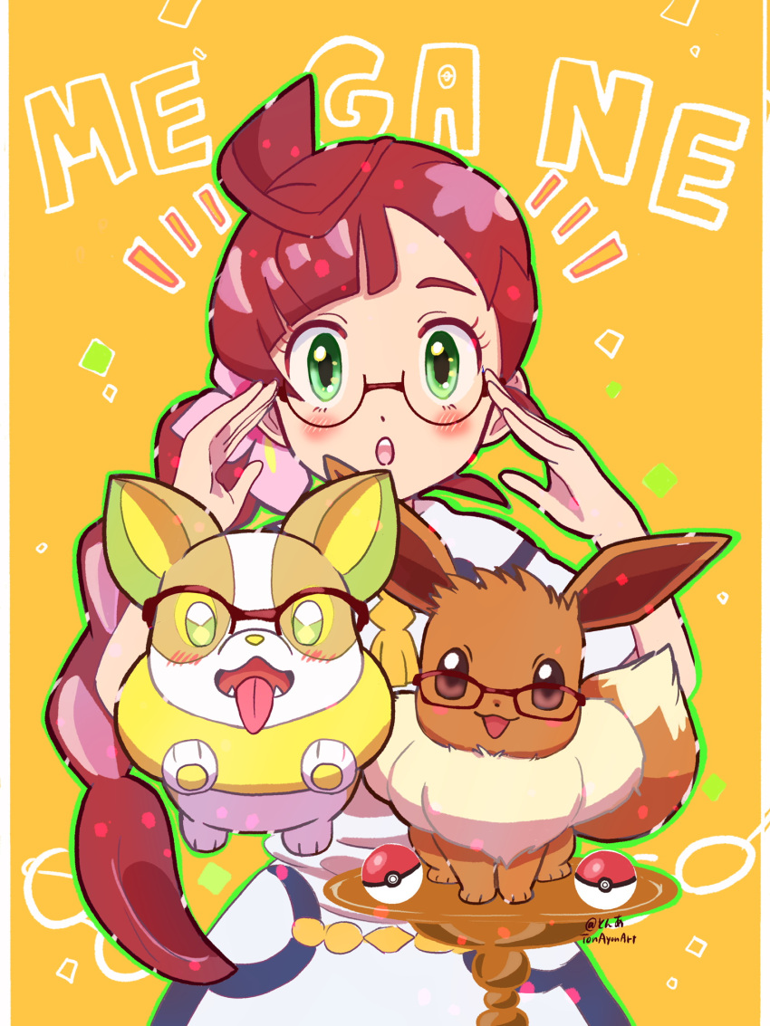 1girl braid braided_ponytail brown_eyes bush chloe_(pokemon) dress eevee facing_viewer fluffy glasses green_eyes hand_on_eyewear highres long_hair open_mouth pokemon pokemon_(anime) pokemon_journeys sheyona tongue tongue_out white_dress yellow_background yellow_eyes