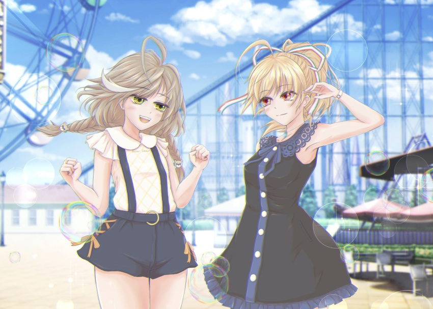 2girls :d ahoge amusement_park andou_tazusa arm_at_side arm_up armpits assault_lily bare_arms bare_shoulders bear_hair_ornament bench black_dress black_shorts blonde_hair blue_ribbon blue_sky blurry blurry_background blush braid breasts bubble building buttons carousel chromatic_aberration clenched_hands closed_mouth clothes_writing cloud commentary_request cross-laced_clothes cross-laced_shorts day dress ferris_wheel frilled_dress frilled_sleeves frills grey_hair hair_ornament hair_ribbon hand_up hands_up highres jewelry long_hair looking_at_another low_twin_braids low_twintails medium_breasts medium_hair multicolored_hair multicolored_ribbon multiple_girls neck_ribbon necklace official_alternate_hairstyle open_mouth orange_ribbon outdoors parasol pendant ponytail red_eyes red_ribbon ribbon ring roller_coaster sasaki_ran shirt short_sleeves shorts sky sleeveless sleeveless_dress smile sparkle standing streaked_hair striped striped_ribbon suspender_shorts suspenders teeth twin_braids twintails umbrella upper_teeth_only w_arms white_ribbon white_shirt wristband yajiuma_no_jesse yellow_eyes