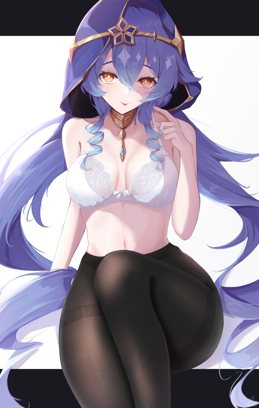 1girl :p absurdres alternate_costume bangs bare_arms bare_shoulders black_background black_pantyhose blue_gemstone blue_hair blue_hood bow bow_bra bra breasts bright_pupils drill_hair drill_locks gem genshin_impact hair_between_eyes hand_up highres index_finger_raised jewelry lace-trimmed_bra lace_trim layla_(genshin_impact) long_hair looking_at_viewer medium_breasts navel neck_ring orange_eyes pantyhose pisuke_(user_kcmh2774) sidelocks signature sitting smile solo stomach thighband_pantyhose thighs tongue tongue_out twin_drills two-tone_background underwear very_long_hair white_background white_bra white_pupils wide_hips