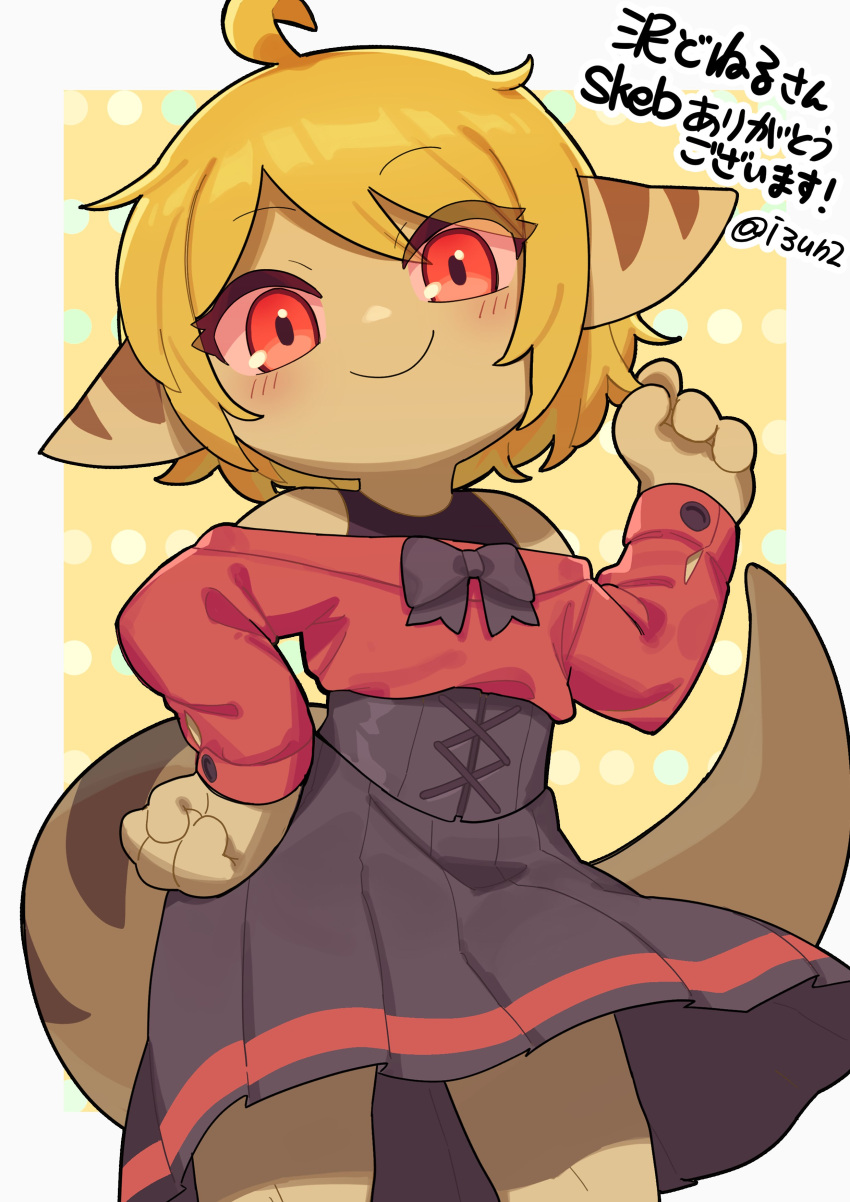 absurd_res adult_(lore) ahoge anthro bamfear black_clothing black_dress blonde_hair blush bow_ribbon brown_body clothed clothing corset_dress crop_top dress female frilly frilly_clothing frilly_dress hair hand_on_hip hi_res holding_hair japanese_text looking_at_viewer pattern_background red_clothing red_shirt red_topwear shirt simple_background smile solo tail tany_(doneru) text topwear touching_hair young いむのーふ