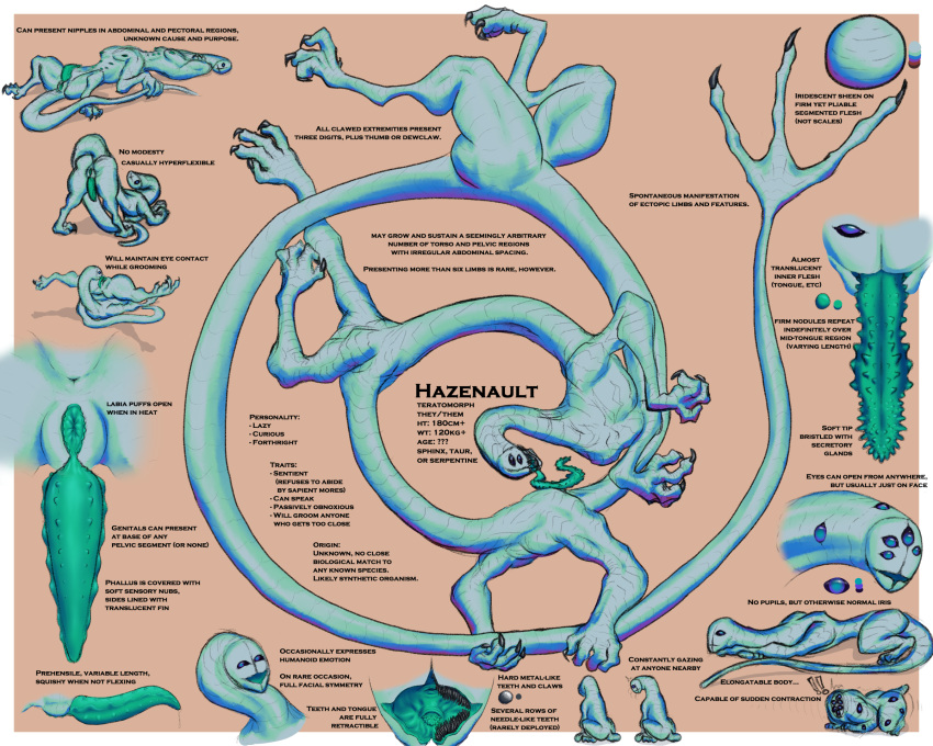 ambiguous_gender anus claws corinoch_(artist) feral flexible genitals hazenault_(corinoch) herm hi_res intersex iridescent long_body model_sheet monster multi_eye multi_limb penis prehensile_penis pussy shape_shifter slit solo tapering_penis taur teeth tongue unusual_anatomy unusual_eyes unusual_genitalia unusual_penis unusual_tongue