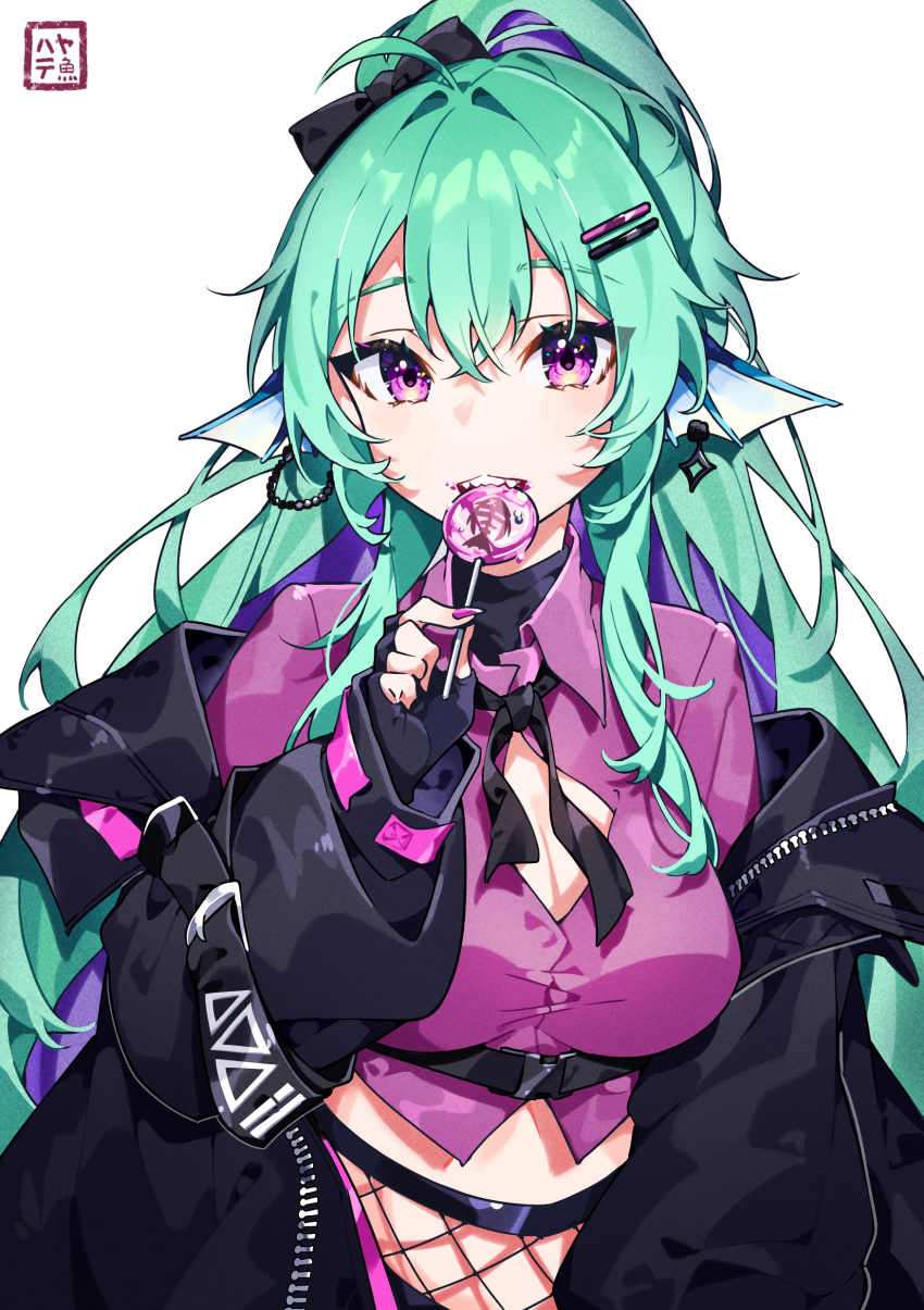 1girl absurdres ahoge bangs black_bow black_gloves black_jacket bow breasts candy cleavage cleavage_cutout clothing_cutout collared_shirt dress_shirt fin_piercing finana_ryugu fingerless_gloves fishnets food gloves green_hair hair_between_eyes hair_bow hair_intakes hair_ornament hairclip hayate_fish head_fins highres holding holding_candy holding_food holding_lollipop jacket lollipop long_hair long_sleeves looking_at_viewer medium_breasts nijisanji nijisanji_en off_shoulder open_clothes open_jacket ponytail puffy_long_sleeves puffy_sleeves purple_eyes purple_shirt shirt simple_background sleeves_past_wrists solo very_long_hair virtual_youtuber white_background