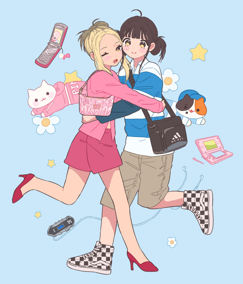 2girls ;d absurdres bag blonde_hair blue_background blush_stickers brown_eyes brown_hair brown_shorts cat cellphone digital_media_player double_bun earbuds earphones fashion flip_phone flower guriming hair_bun handbag handheld_game_console high_heels highres hug long_sleeves multiple_girls nintendo_ds one_eye_closed original phone pink_shirt red_footwear shirt shorts smile star_(symbol) striped striped_shirt