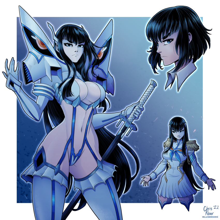 1girl absurdres artist_name bakuzan bangs black_hair blue_eyes boots breasts cleavage closed_mouth commentary cowboy_shot cropped_legs english_commentary epaulettes frown gloves hands_up highres holding holding_sword holding_weapon junketsu katana kill_la_kill kiryuuin_satsuki kluverdesigns large_breasts long_hair long_sleeves looking_at_viewer looking_to_the_side multiple_views navel pleated_skirt revealing_clothes school_uniform short_hair skirt stomach sword thigh_boots very_long_hair weapon white_footwear white_gloves white_skirt