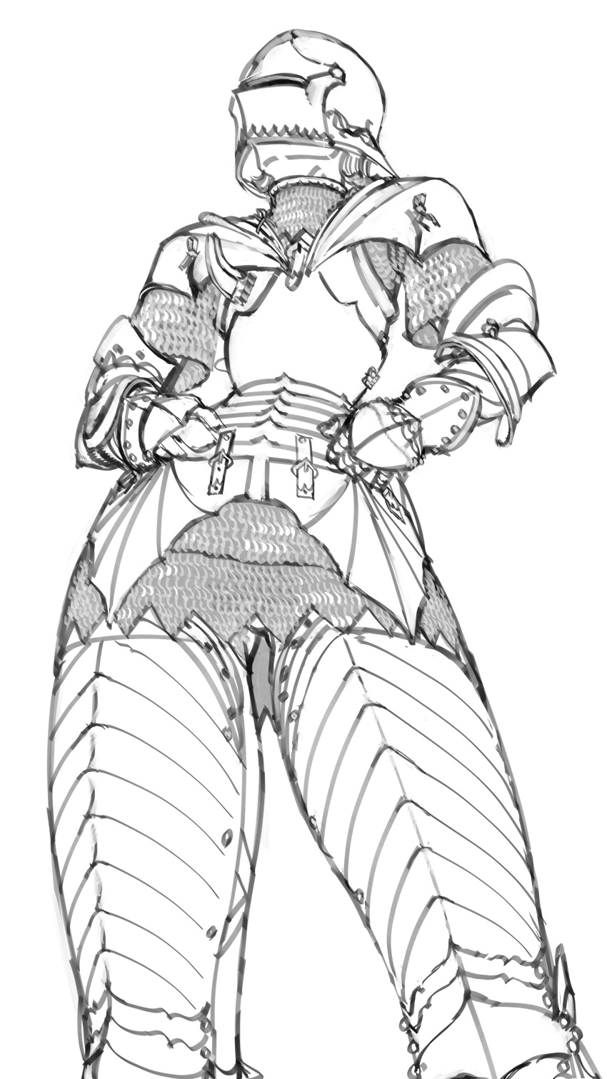 1girl absurdres armor breastplate chainmail cuisses full_armor gauntlets greyscale hands_on_hips helm helmet highres knight long_sleeves medieval monochrome original plate_armor wassnonnam