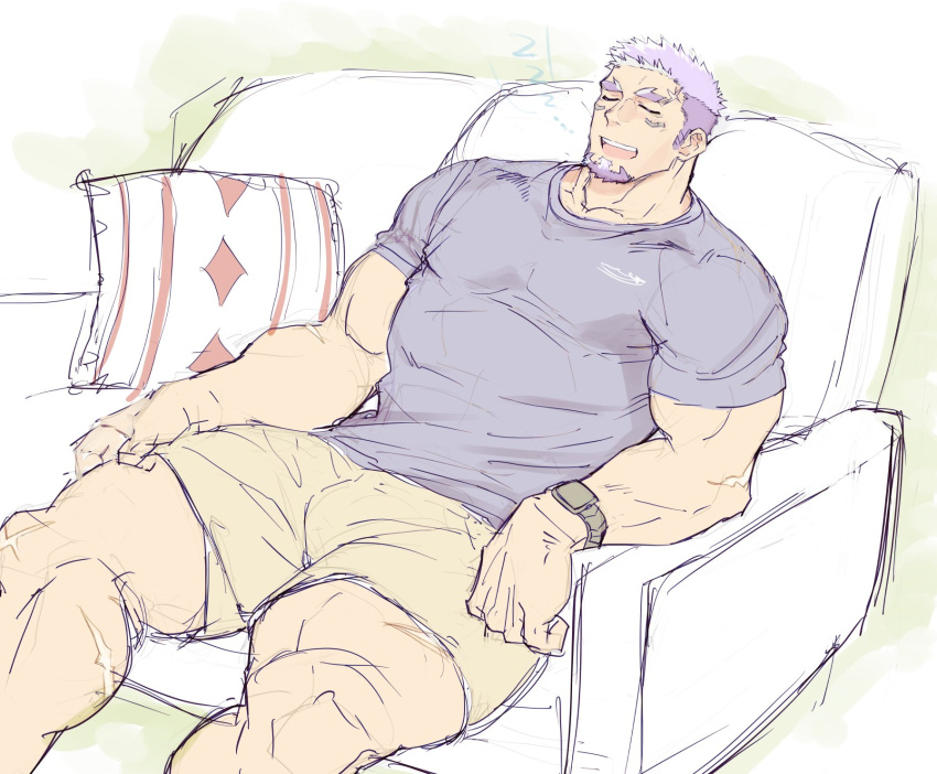 1boy bara casual couch dark-skinned_male dark_skin facial_hair feet_out_of_frame forked_eyebrows goatee highres large_pectorals live_a_hero long_sideburns male_focus mature_male muscular muscular_male on_couch pectorals purple_hair scar scar_on_arm scar_on_leg shaft_(live_a_hero) short_hair sideburns sketch sleeping solo thick_eyebrows thick_thighs thighs watch wristwatch yakisoba_ohmori zzz