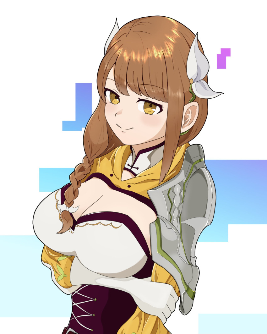 1girl arm_under_breasts armor black_corset braid braided_ponytail breasts brown_hair cleavage cleavage_cutout clothing_cutout corset diamond_cutout fire_emblem fire_emblem_engage flower flower_on_head gloves goldmary_(fire_emblem) hagoromo333 highres hooded_top large_breasts mole mole_on_breast ribbon shoulder_armor single_shoulder_pad skirt white_gloves white_ribbon yellow_eyes yellow_skirt