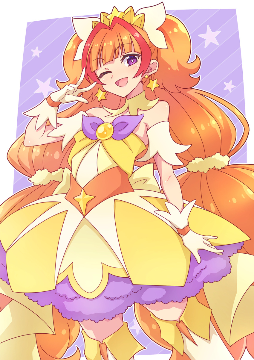 1girl ;d bare_shoulders boots commentary_request cure_twinkle diagonal_stripes dress e20 earrings gloves go!_princess_precure hand_up highres jewelry long_hair multicolored_hair one_eye_closed orange_hair precure purple_eyes red_hair smile solo star_(symbol) star_earrings starry_background strapless strapless_dress streaked_hair striped striped_background thigh_boots very_long_hair w white_footwear white_gloves yellow_dress