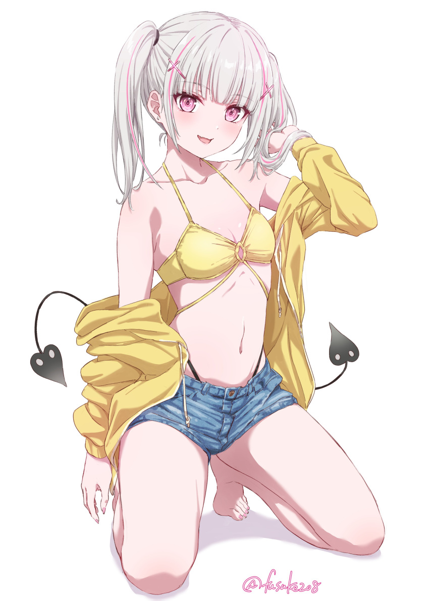 1girl absurdres asumi_sena bikini bikini_under_clothes black_bikini blonde_hair blush breasts cattleya_regina_games cleavage collarbone commentary_request demon_tail denim denim_shorts drawstring fang full_body fuusuke_(fusuke208) highres jacket looking_at_viewer mismatched_bikini multicolored_hair multiple_straps multiple_tails o-ring o-ring_top off_shoulder open_clothes open_jacket open_mouth pink_eyes pink_hair short_shorts shorts small_breasts smile solo swimsuit tail twintails twitter_username virtual_youtuber vspo! white_background yellow_bikini yellow_jacket