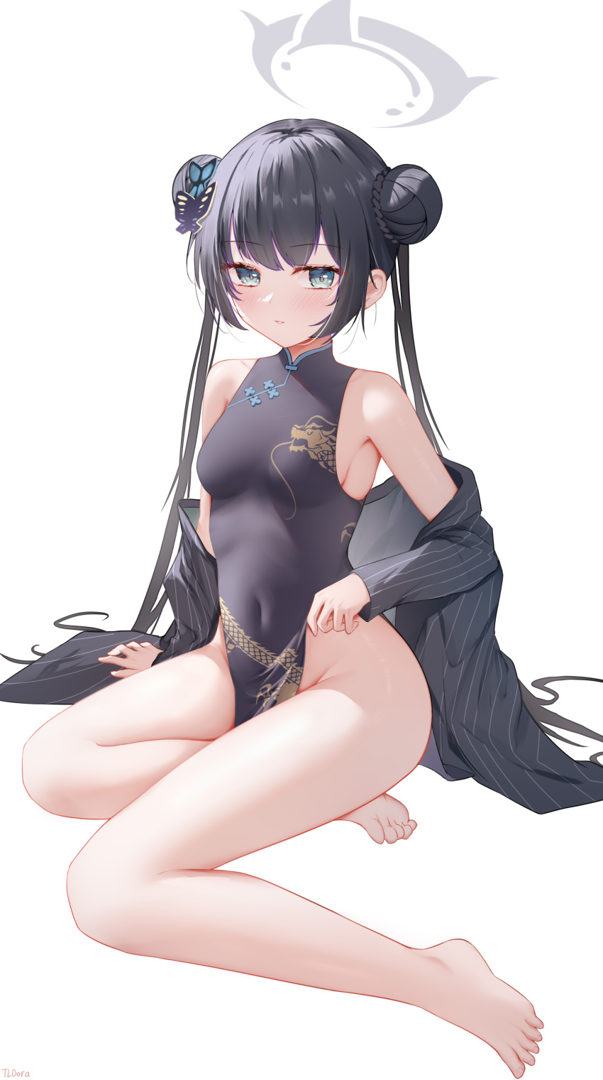 1girl absurdres aqua_eyes barefoot black_dress black_hair blue_archive breasts butterfly_hair_ornament china_dress chinese_clothes covered_navel doraski double_bun dress full_body groin hair_bun hair_ornament halo highres kisaki_(blue_archive) long_hair looking_at_viewer no_panties off_shoulder parted_lips side_slit simple_background sitting small_breasts solo taut_clothes taut_dress thighs toes twintails white_background