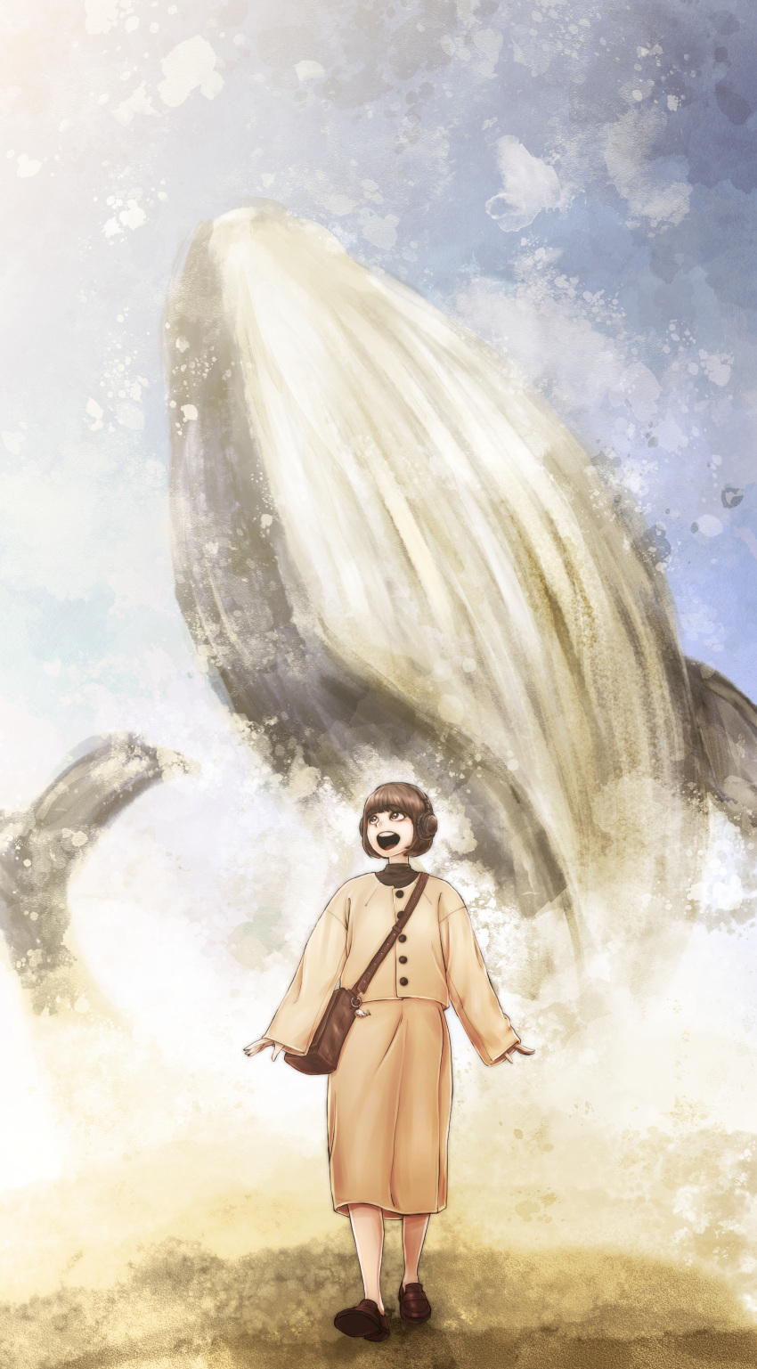 1girl :d absurdres bag bag_charm brown_eyes brown_footwear brown_hair brown_skirt charm_(object) extraordinary_attorney_woo handbag headphones highres reuti_(welsh911) skirt sleeves_past_wrists smile solo standing whale woo_young-woo