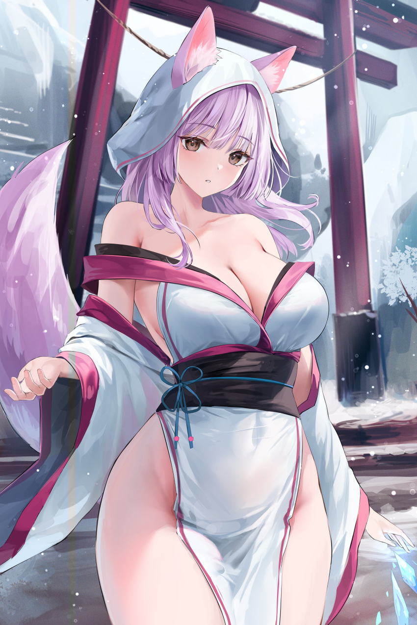 1girl absurdres animal_ears bare_shoulders breasts cleavage cowboy_shot detached_sleeves ears_through_headwear fox_ears fox_girl fox_tail highres hood japanese_clothes large_breasts lillly long_hair looking_at_viewer no_bra no_panties obi off_shoulder original outdoors parted_lips pelvic_curtain sash snowing solo standing tail tail_raised thighs torii white_hood wide_sleeves winter