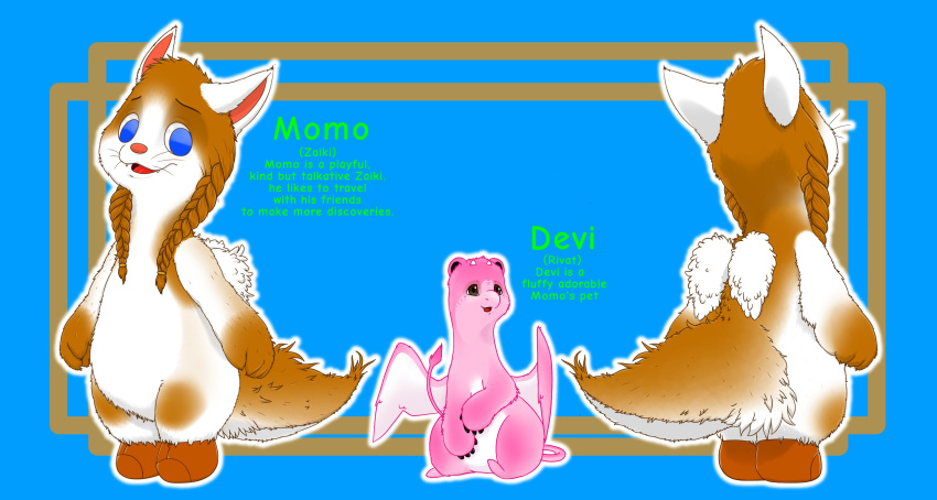 absurd_res alien anthro blue_eyes brown_body brown_fur brown_hands clothing devi_(fcc) duo fairycatcreation female feral fluffy fluffy_tail fluffy_wings footwear footwear_only fur hi_res horn humanoid hybrid male male/female model_sheet momo_(fcc) mostly_nude orange_nose pink_body pink_fur pubes shoes shoes_only side_view simple_background smile solo standing tail text white_body white_ears white_fur white_wings wings zaiki